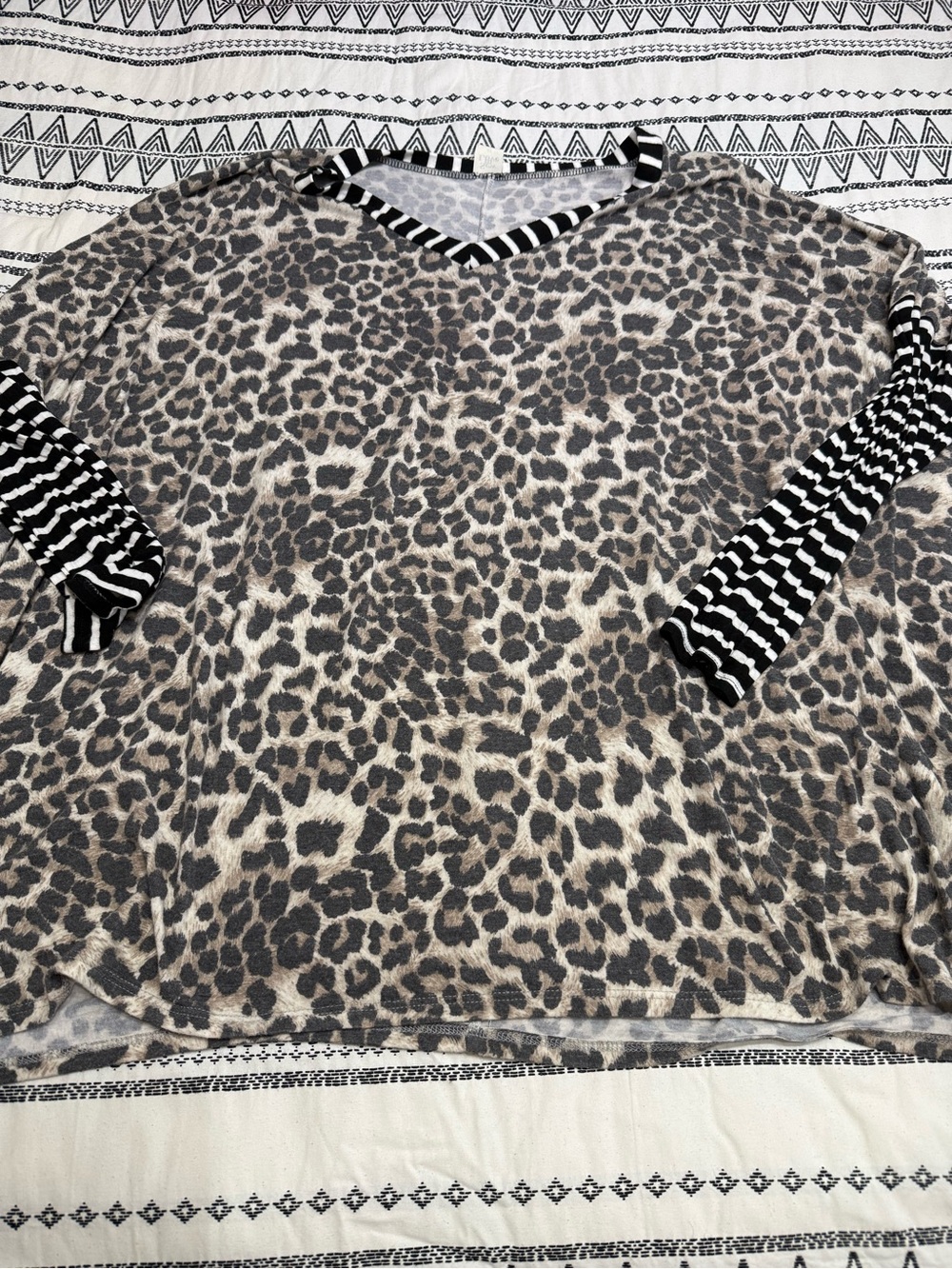 Sew In Love Black & White Striped Trim Leopard Print Top